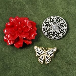 Elegant Red Rose Silver Filigree Gold White Enamel Butterfly Brooch Pin Set Of 3